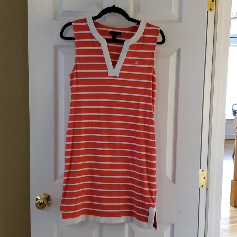 Nautica coral and white striped sleeveless dress